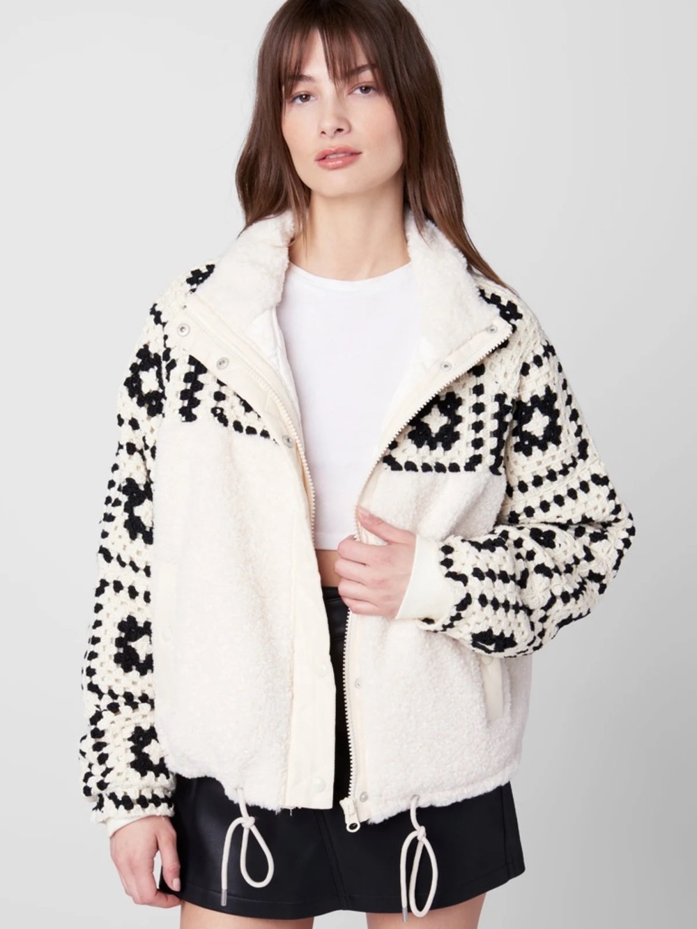 Blank NYC Carried Away Cream Sherpa Jacket with Black Geometric Trim